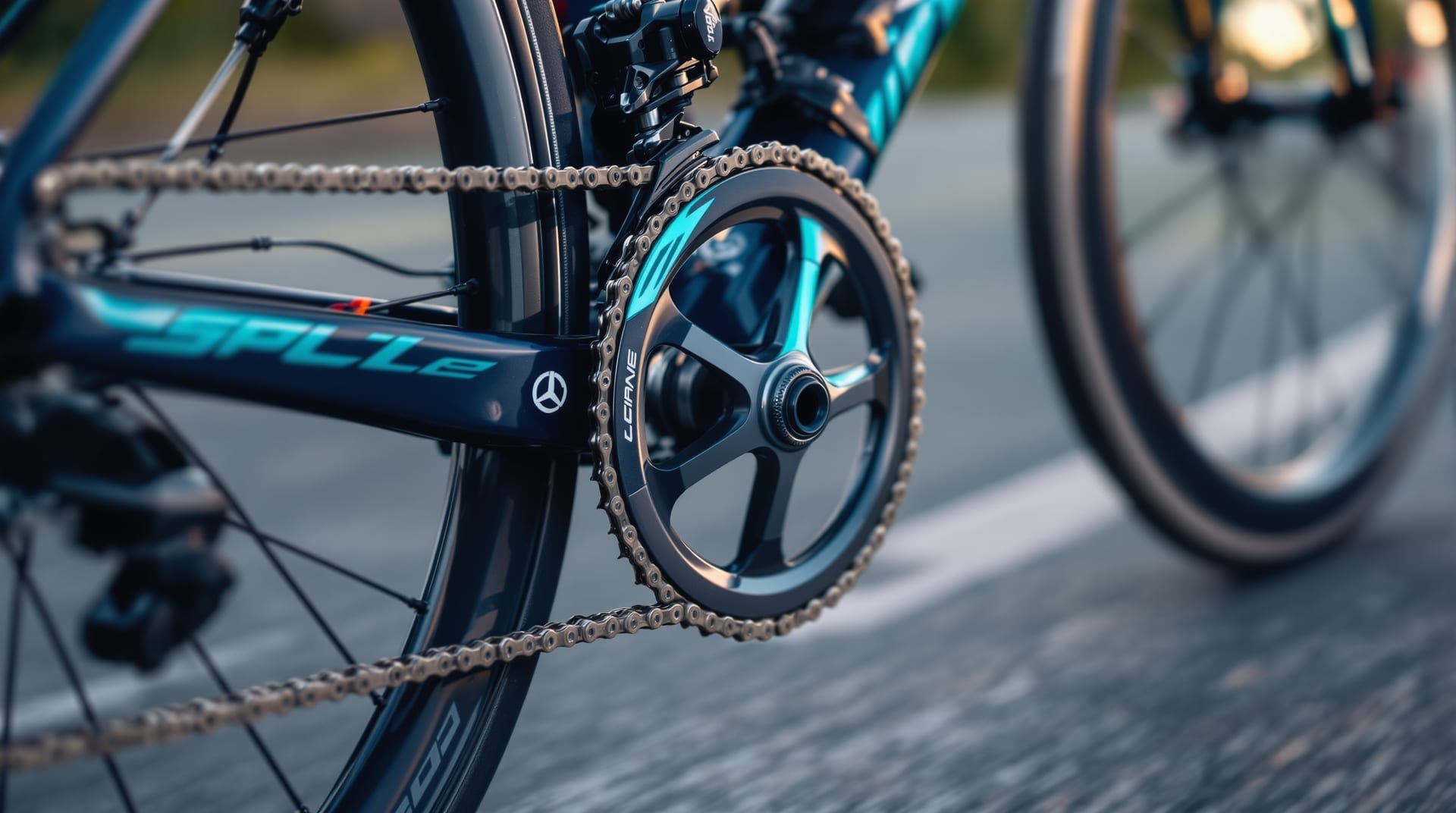 Close view of a cyclist's legs and drivetrain at the top of the pedal stroke