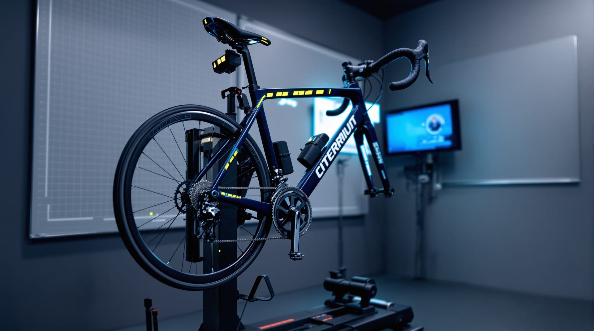 Road bicycle mounted on a stationary trainer in a laboratory-style fitting studio with measurement markers