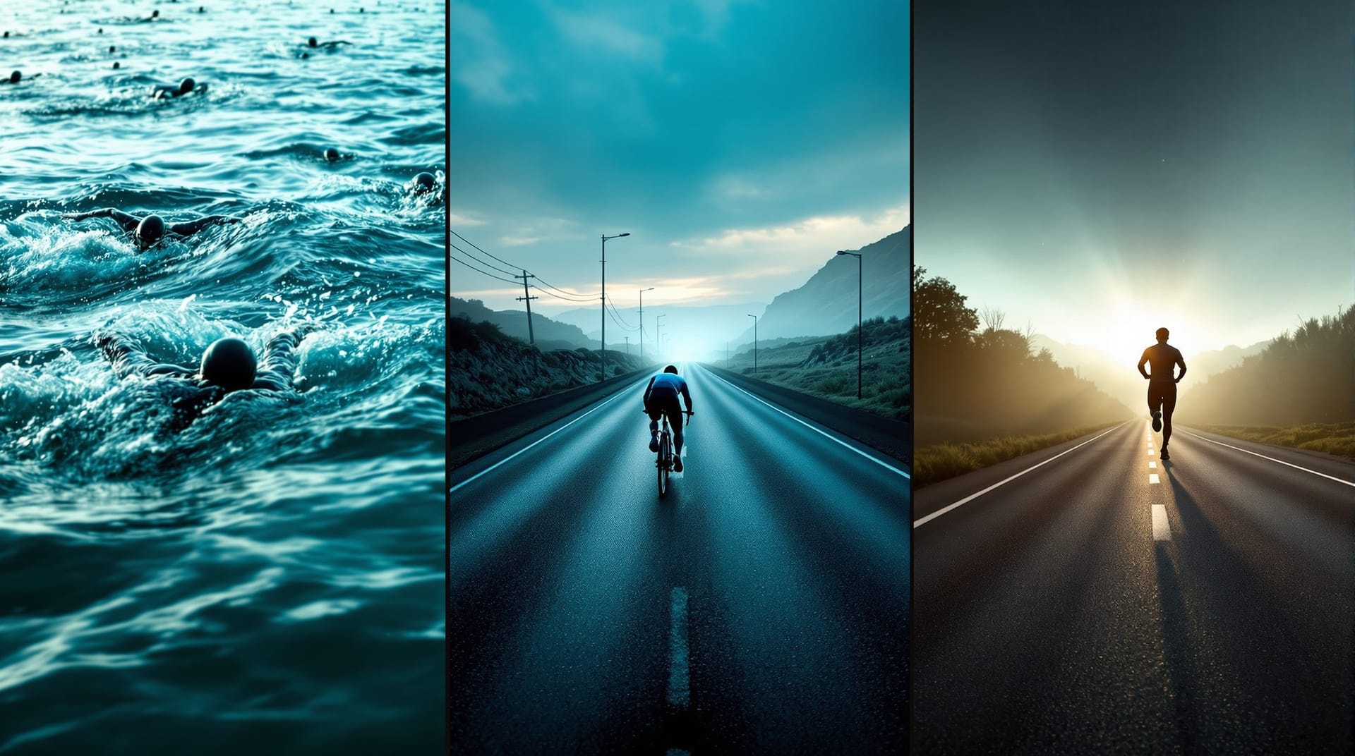 Open-water swimmers, a cyclist on a coastal road and a runner on a track, composed as three panels of endurance training