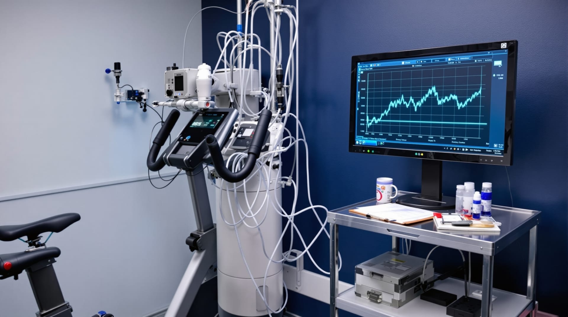 Laboratory graded exercise test setup with a cycle ergometer, gas analyser and monitor showing a rising curve