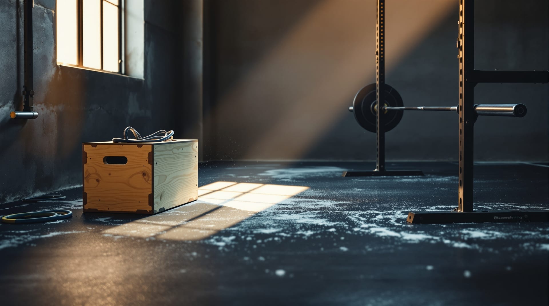 Barbell loaded on a rack in a spare gym with a plyometric box and resistance bands nearby