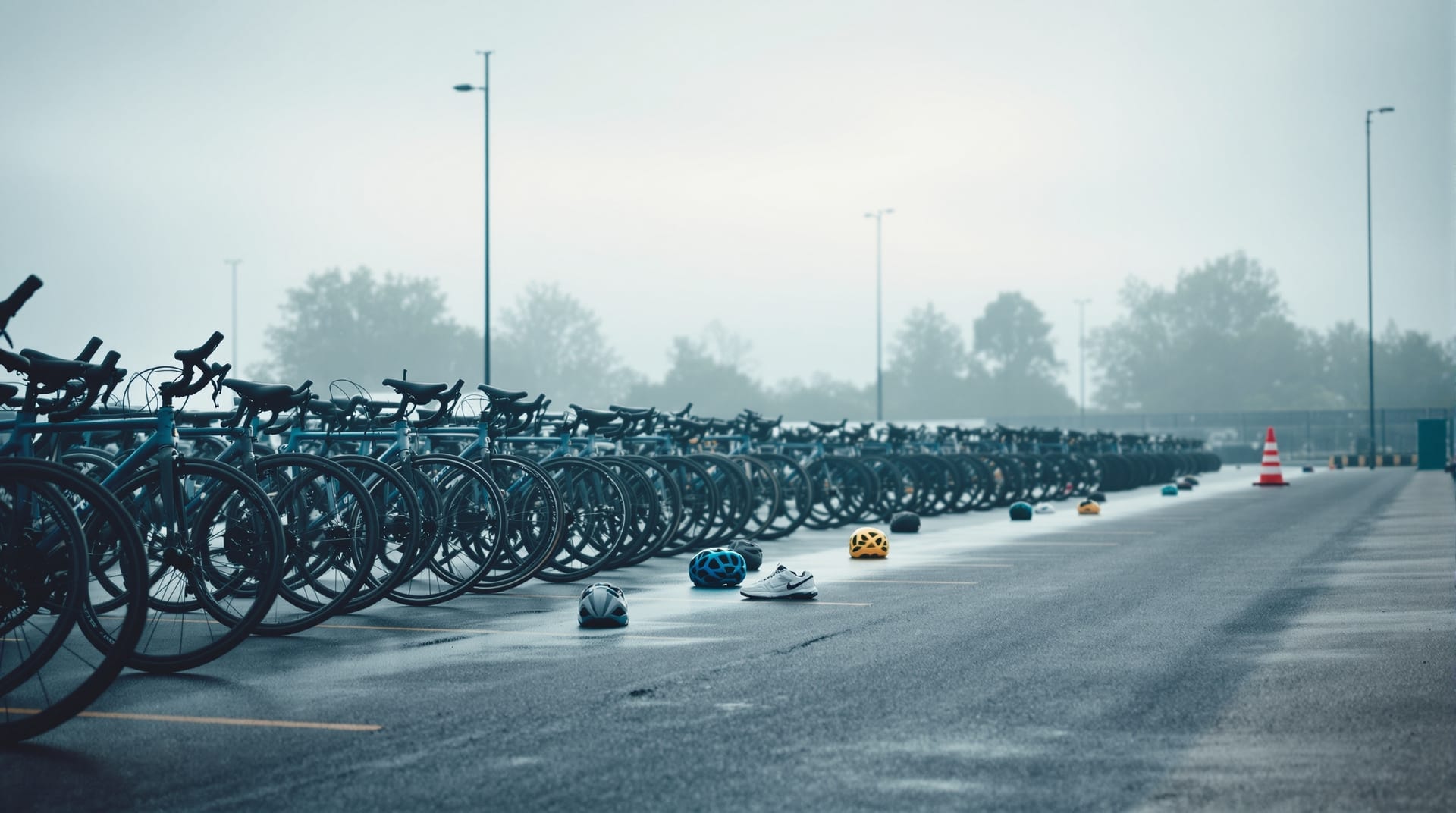 Transition area at a multisport race with bicycles racked in rows and empty running shoes on the ground