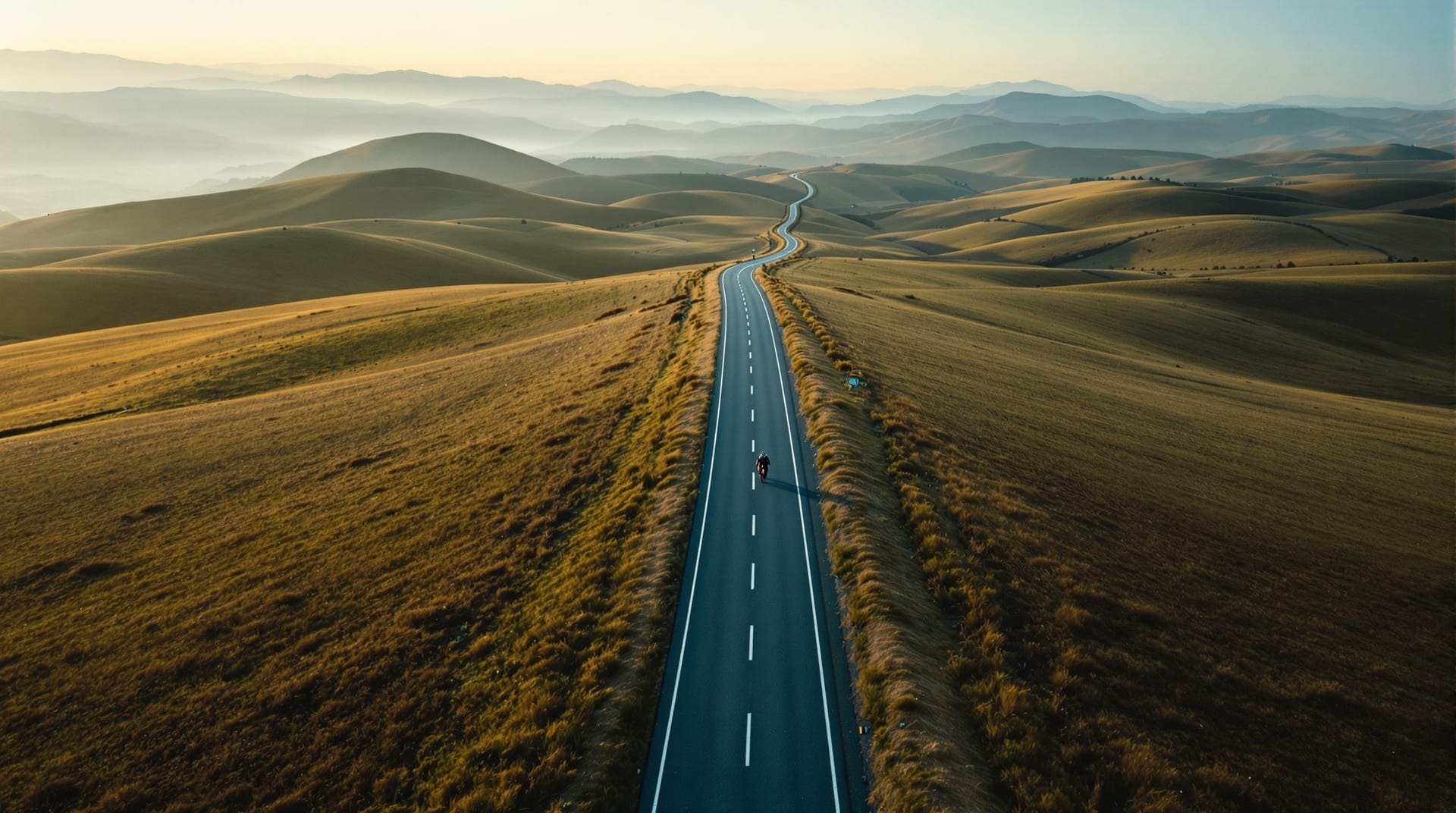 A single cyclist on a long winding road crossing open rolling hills at first light, the road disappearing over successive ridges