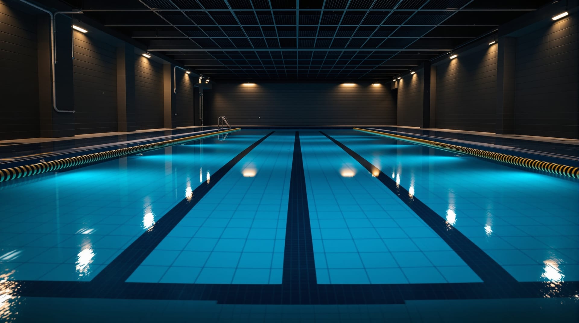 Empty lane of a still indoor pool at the end of a session with calm water and reflected light
