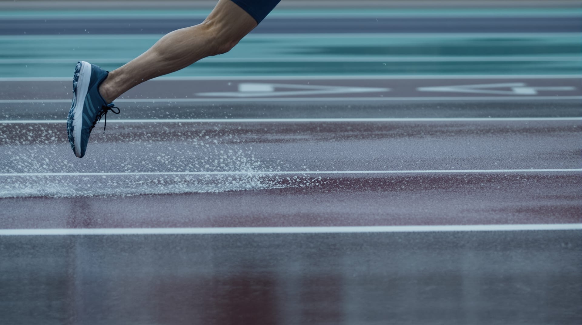 Runner in mid-stride on a wet outdoor running track seen from the side