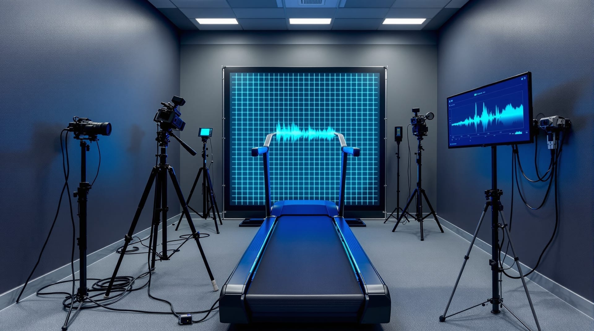 Indoor running analysis lane with a treadmill, cameras on tripods and a measurement backdrop