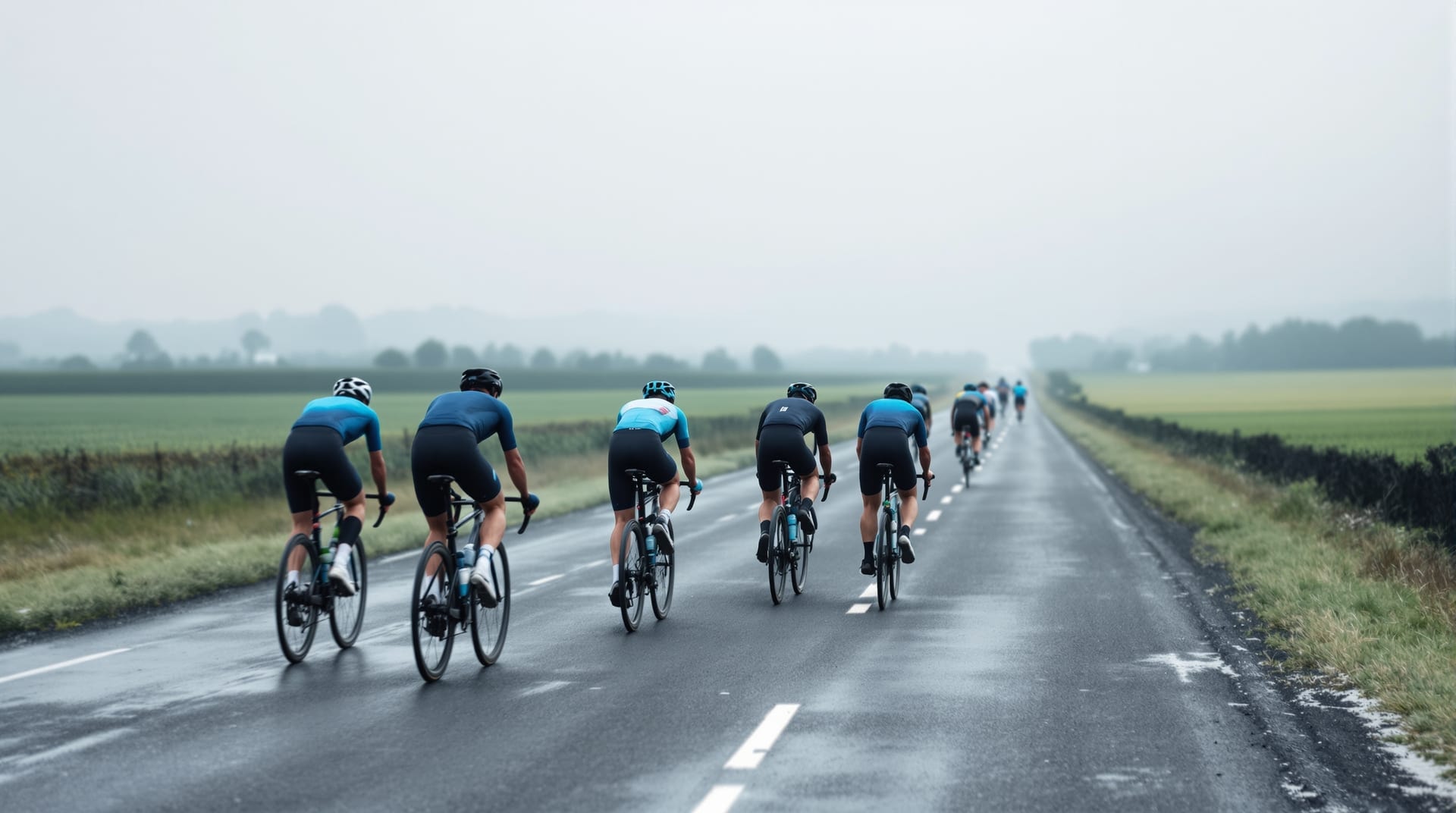 Group of cyclists riding in a paceline on an open road during a club session
