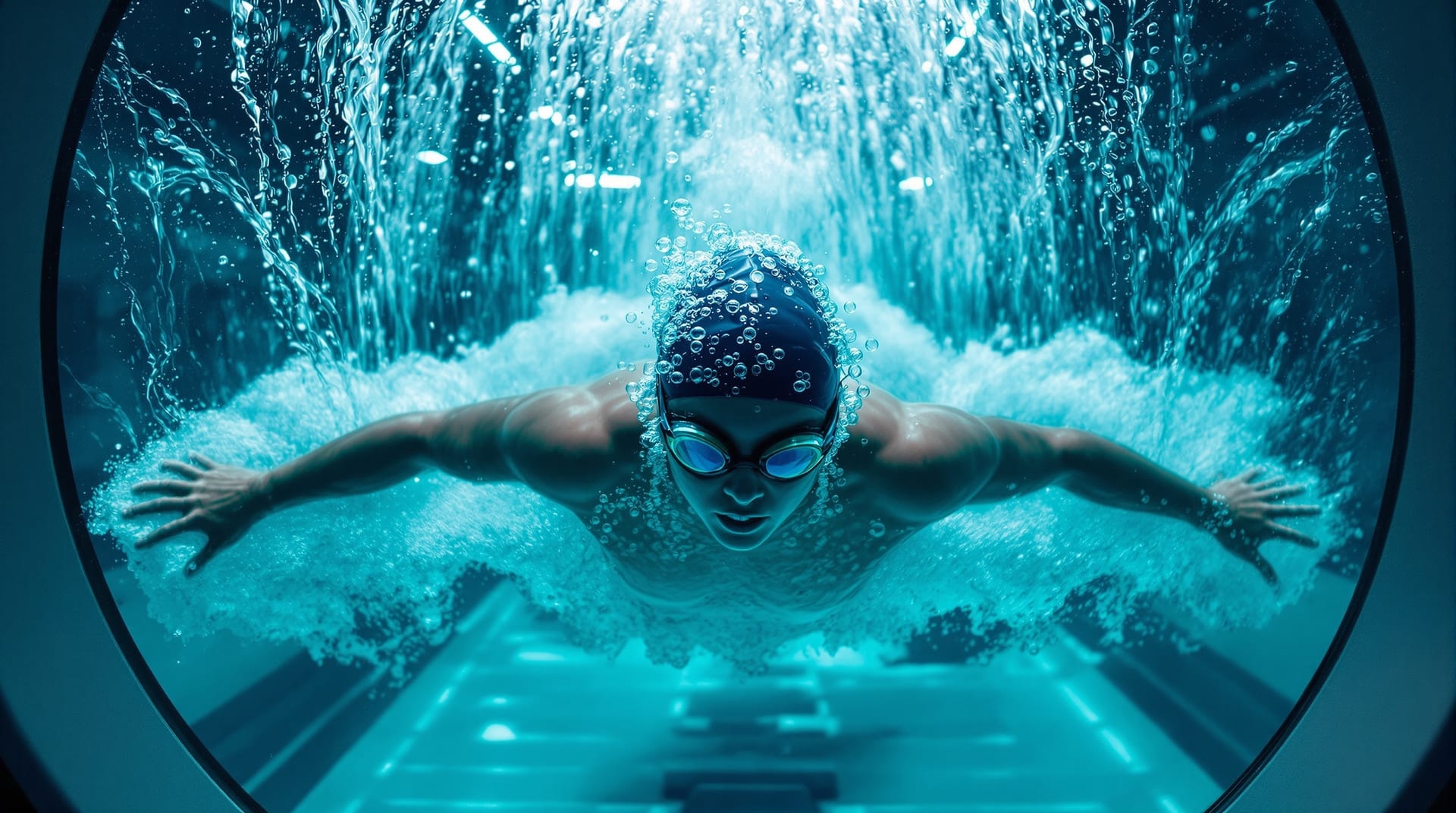 Swimmer viewed through the observation window of an indoor swim flume with a current running past