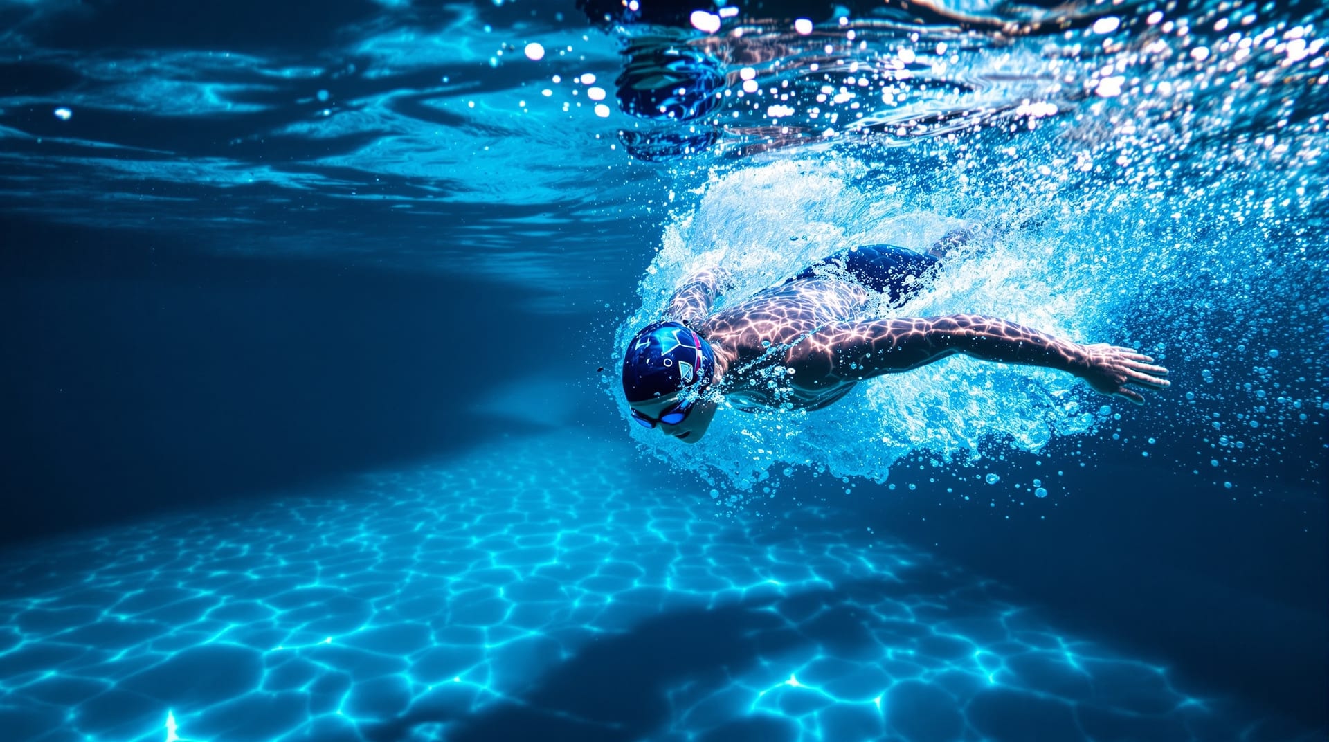 Underwater view of a swimmer's arm entering the water at the front of the front crawl stroke