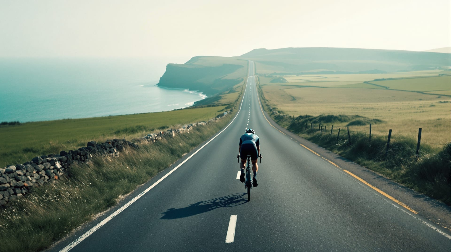 Cyclist riding alone on an exposed coastal road during a long-distance triathlon