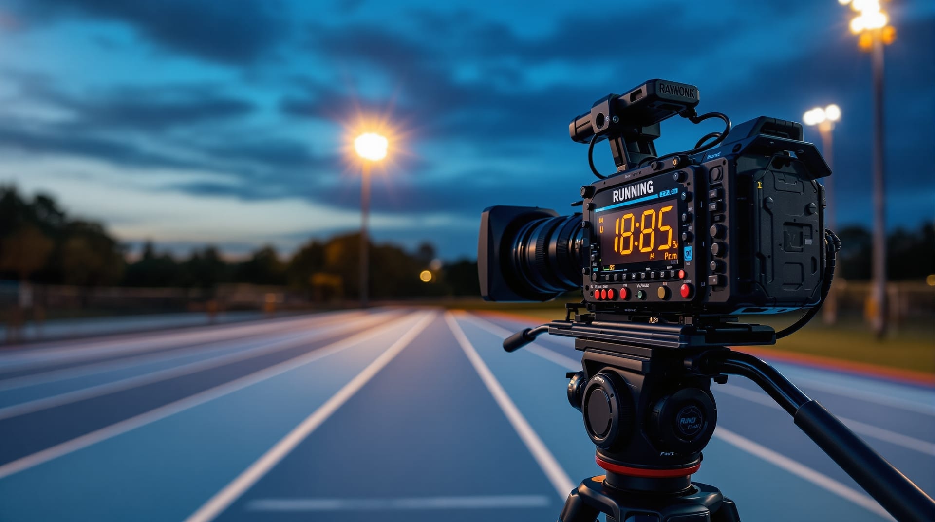 Video camera on a tripod set up beside an outdoor running track at dusk, its lens aimed along the lanes